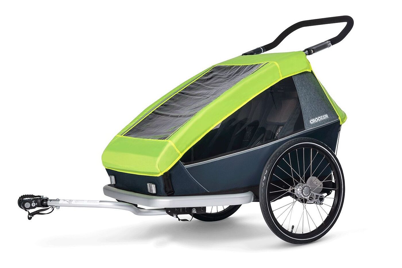 Dieser Kinderanhänger von Croozer fürs Rad bietet Platz für zwei Kinder. Freisteller eines Kinderanhängers von Croozer als Zweisitzer.
