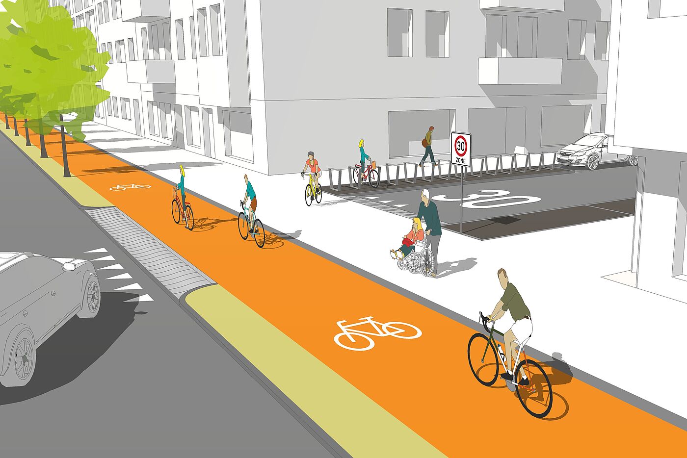 Aufpflasterung Kreuzungen Grafik: Auto biegt rechts ab und trifft auf gehobenen Bereich für Radfahrer*innen.